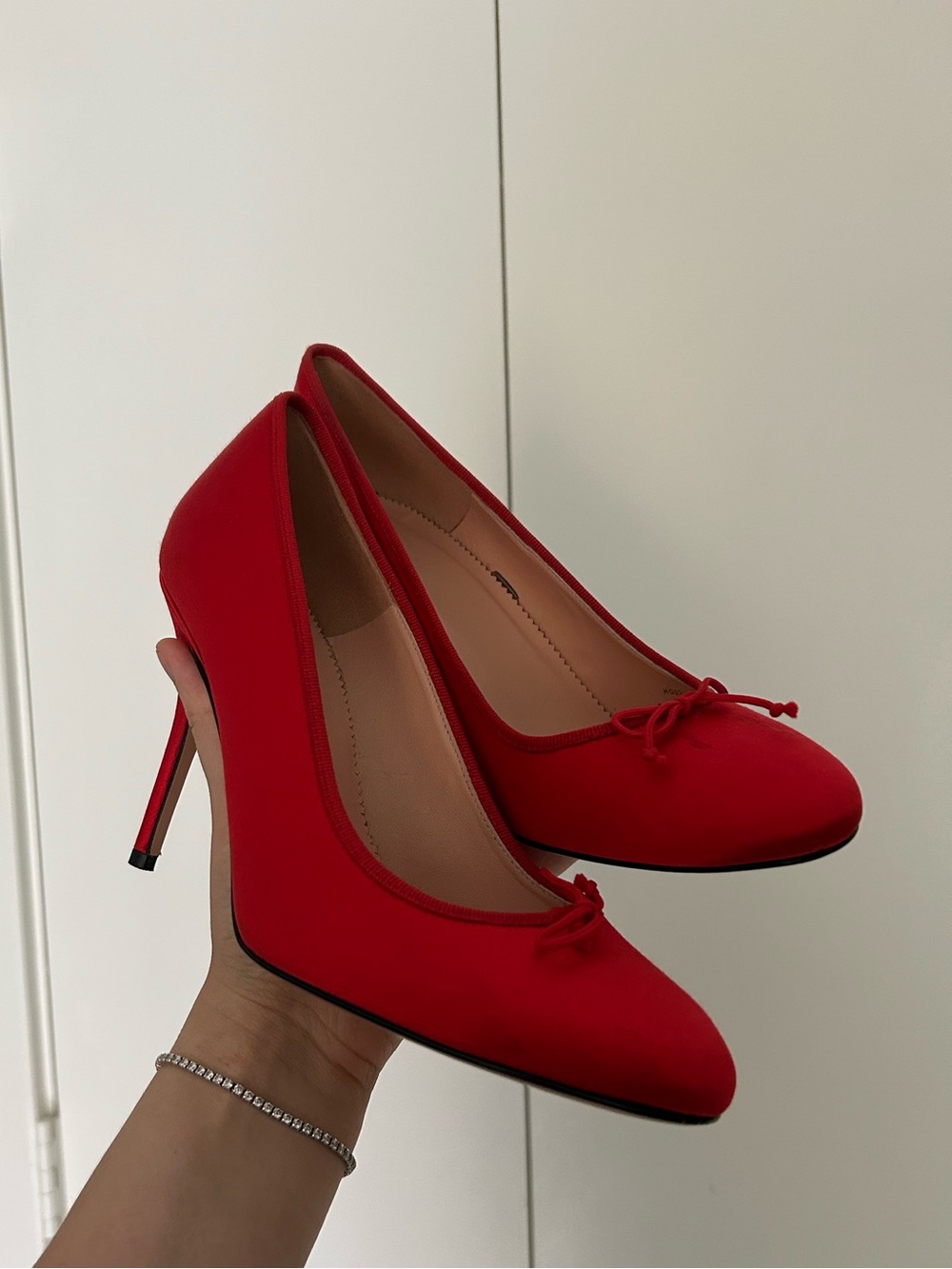 J. Crew Red Satin Ballet Stiletto Pumps with Bow